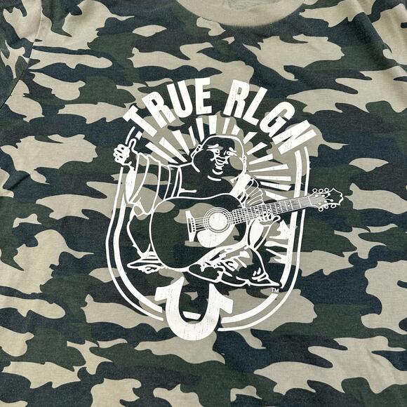 True Religion Shirt Mens Large Green Brown Camoflauge Buddha Guitar Short Sleeve - Picture 2 of 6